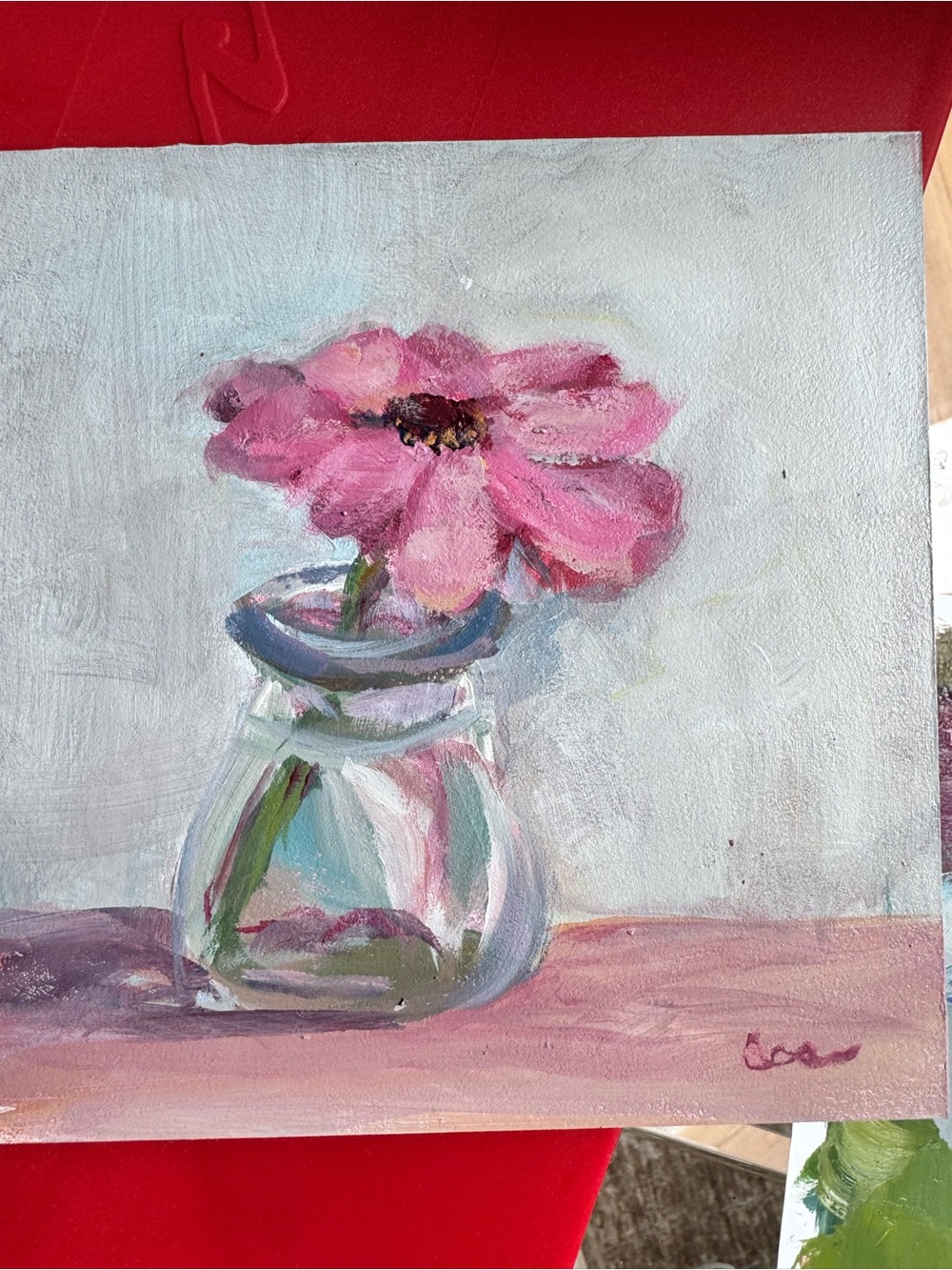 Pink Flower Still Life original Art - Handpainted 6x6 panel